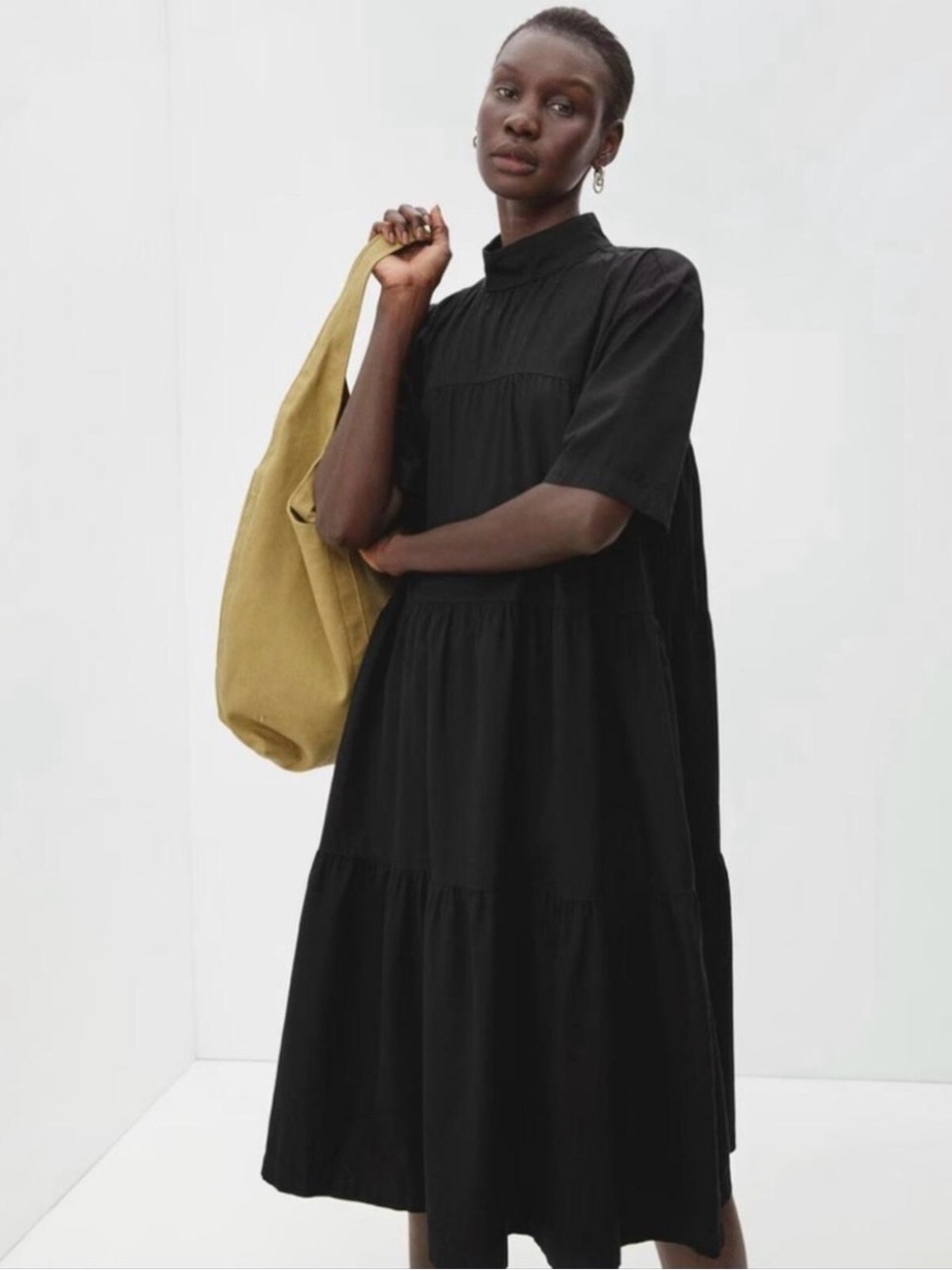 Everlane The Tiered Black Mock Neck Short Sleeve Dress